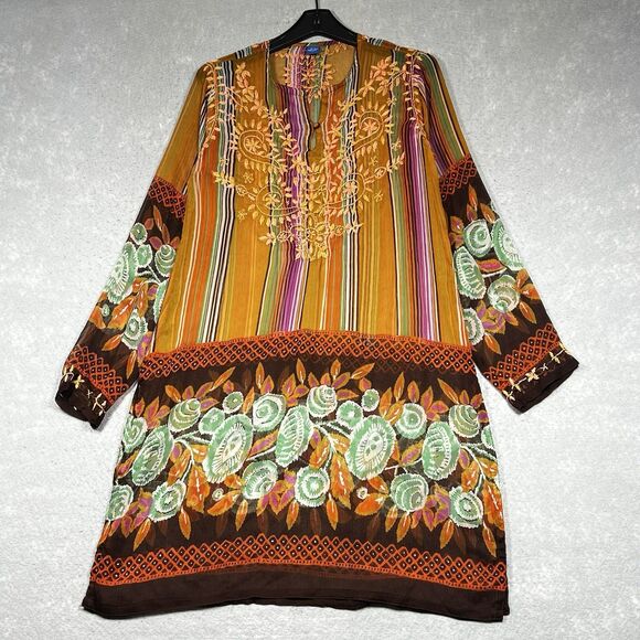 Raj Top Womens Size Large Multicolored Embroidered Silk Tunic Blouse Sheer - Picture 1 of 12